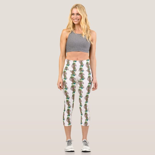 Cute happy pangolin anteater illustration capri leggings (Front)