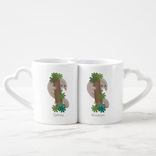 Cute happy pangolin anteater illustration coffee mug set