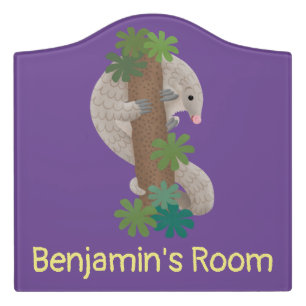 Cute happy pangolin anteater illustration door sign