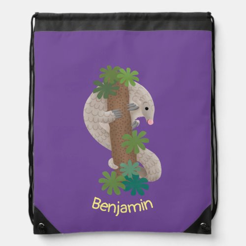 Cute happy pangolin anteater illustration drawstring bag