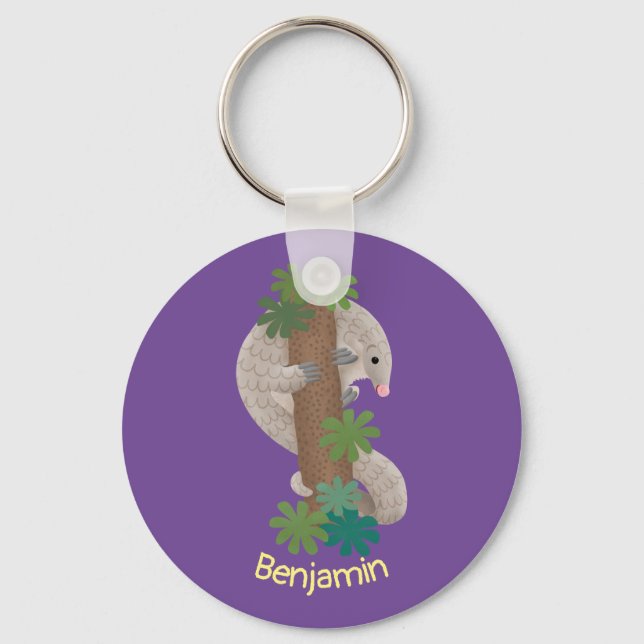 Cute happy pangolin anteater illustration keychain (Front)