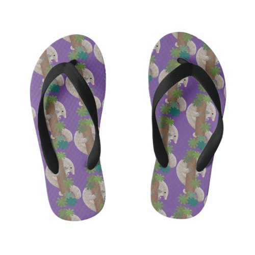 Cute happy pangolin anteater illustration kids flip flops