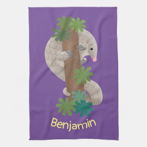 Cute happy pangolin anteater illustration kitchen towel