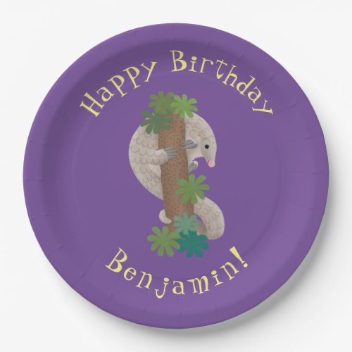 Cute happy pangolin anteater illustration paper plates