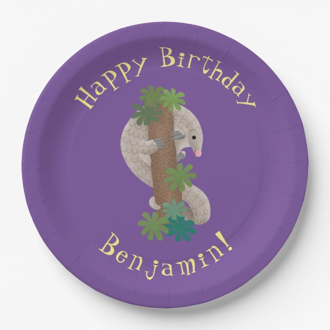 Cute happy pangolin anteater illustration paper plates (Front)