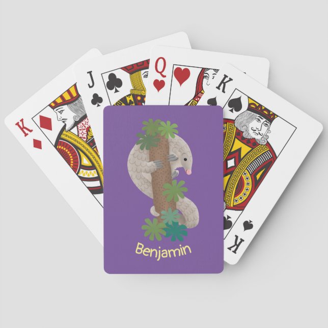 Cute happy pangolin anteater illustration poker cards (Back)