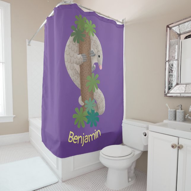 Cute happy pangolin anteater illustration shower curtain (In Situ)