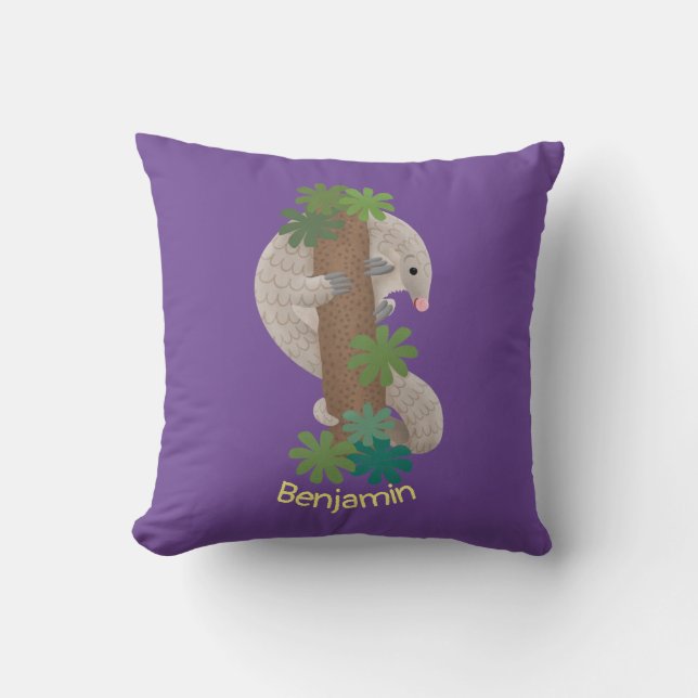 Cute happy pangolin anteater illustration throw pillow (Front)