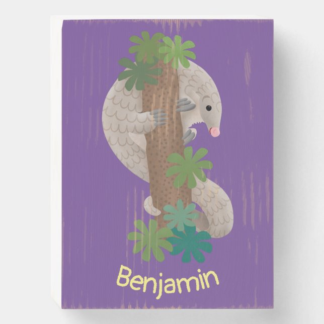 Cute happy pangolin anteater illustration wooden box sign (Front Vertical)