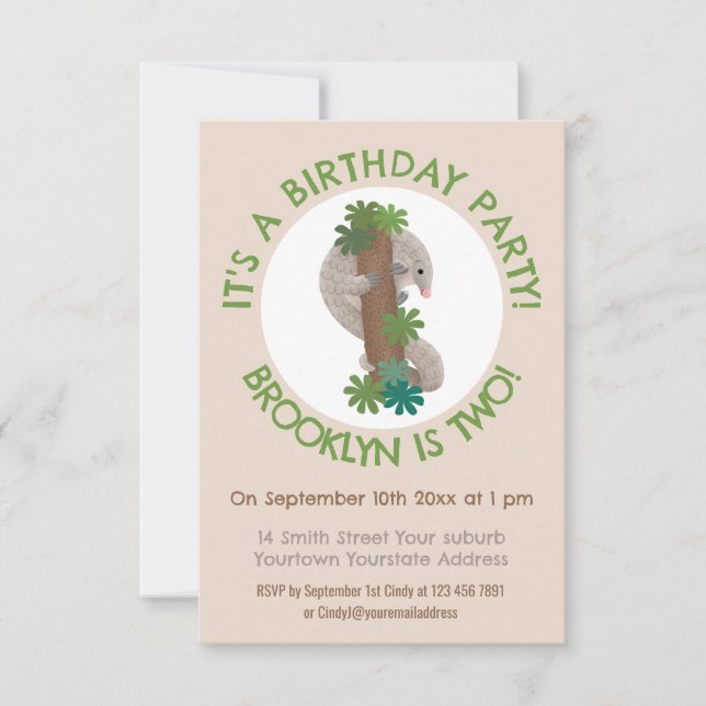 Cute happy pangolin anteater personalized birthday invitation (Front)