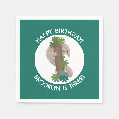 Cute happy pangolin anteater personalized birthday napkins