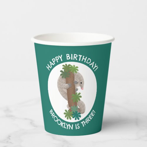 Cute happy pangolin anteater personalized birthday paper cups