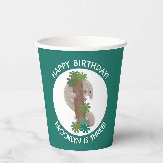 Cute happy pangolin anteater personalized birthday paper cups (Front)