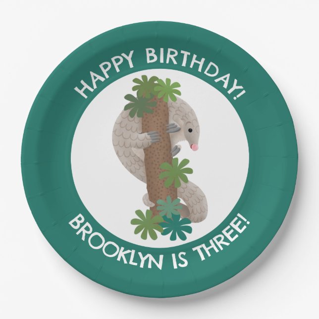 Cute happy pangolin anteater personalized birthday paper plates (Front)