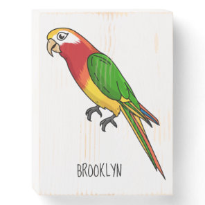 Cute happy parrot cartoon illustration wooden box sign