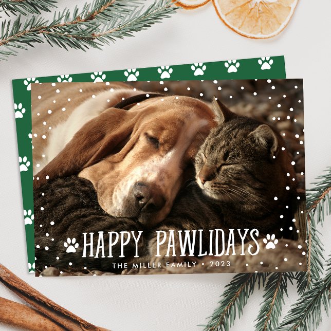 Cute Happy Pawlidays Green Pet Photo Holiday Card (Creator Uploaded)