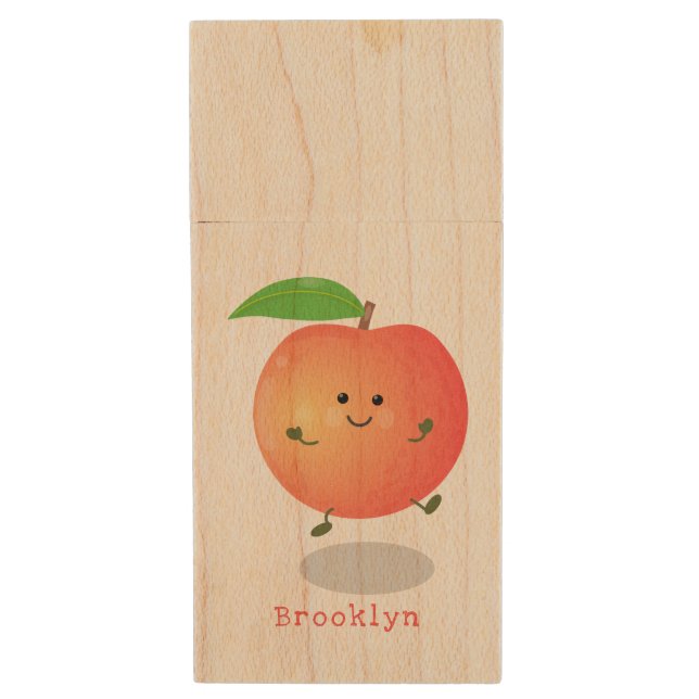 Cute happy peach yellow cartoon wood flash drive (Front Vertical)