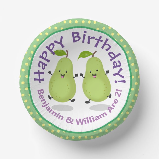 Cute happy pears twins cartoon illustration paper bowls (Front)
