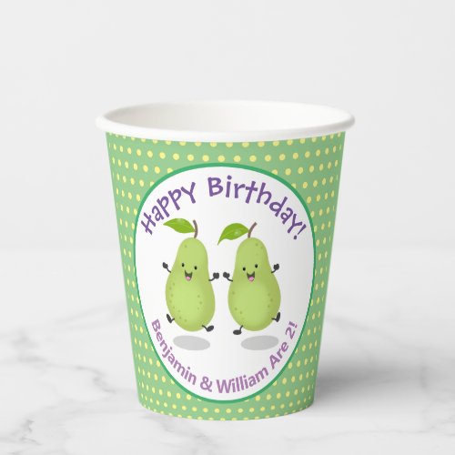 Cute happy pears twins cartoon illustration paper cups