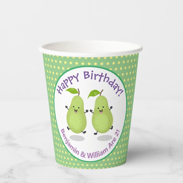 Cute happy pears twins cartoon illustration paper cups (Front)