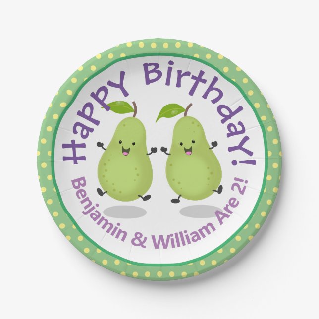 Cute happy pears twins cartoon illustration paper plates (Front)