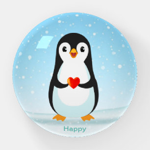 Cute Happy Penguin Bird Cartoon on Light Blue Paperweight