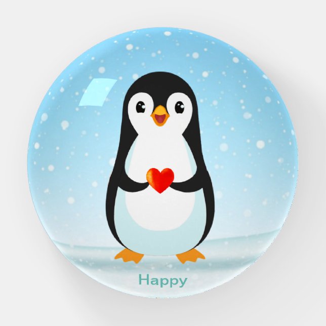 Cute Happy Penguin Bird Cartoon on Light Blue Paperweight (Front)