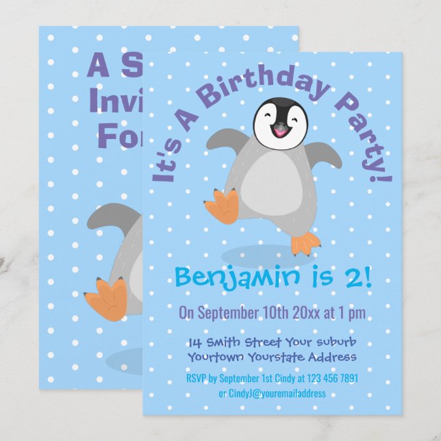 Cute happy penguin chick cartoon 2 years invitation (Front/Back)
