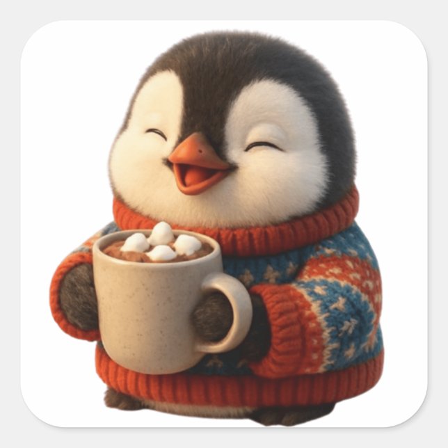 Cute Happy Penguin in Sweater Hot Cocoa Square Sticker (Front)