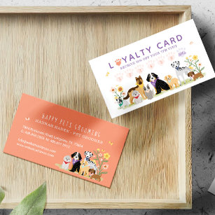 Cute Happy Pet Family Pet Care & Grooming Loyalty Business Card