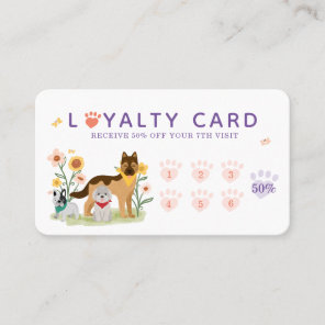 Cute Happy Pet Family Pet Care & Grooming Loyalty Business Card