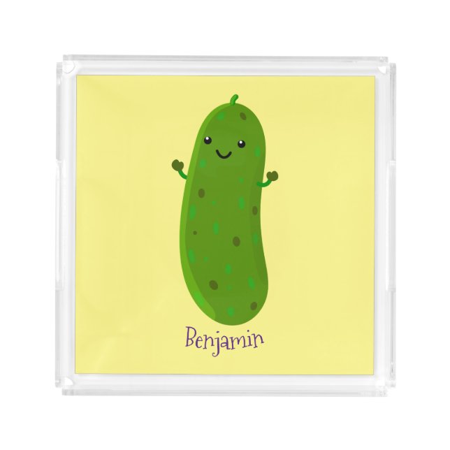 Cute happy pickle cartoon illustration acrylic tray (Front)
