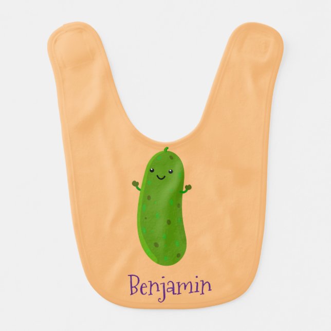 Cute happy pickle cartoon illustration baby bib (Front)