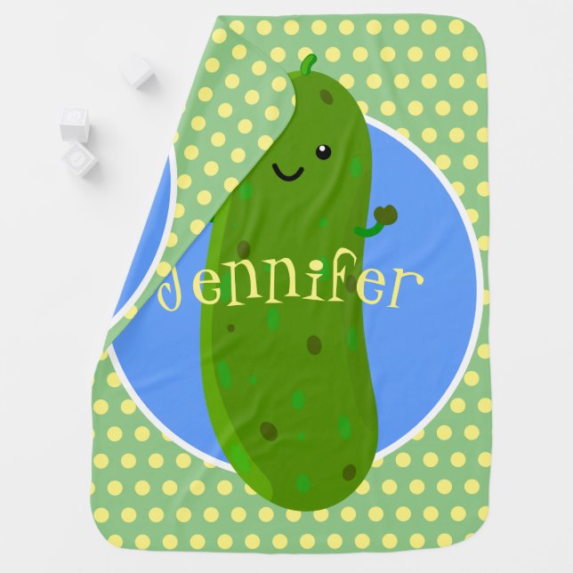 Cute happy pickle cartoon illustration baby blanket (In Situ)