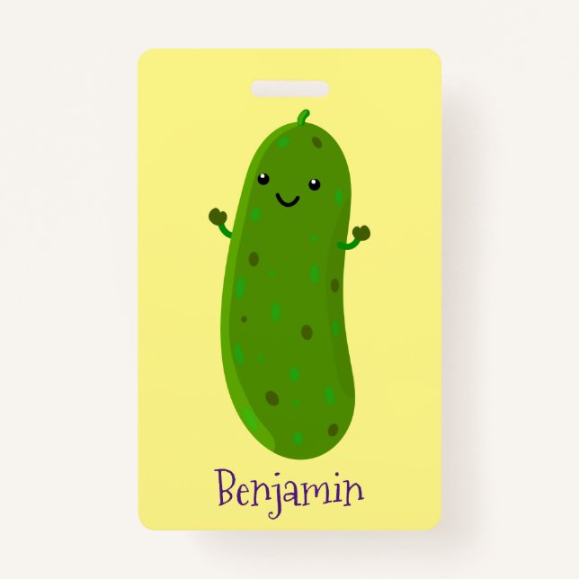 Cute happy pickle cartoon illustration badge (Front)