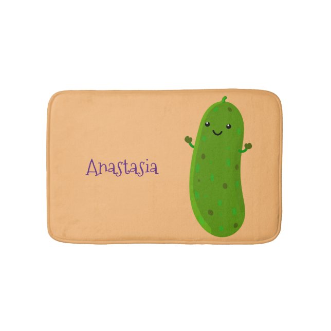 Cute happy pickle cartoon illustration bath mat (Front)