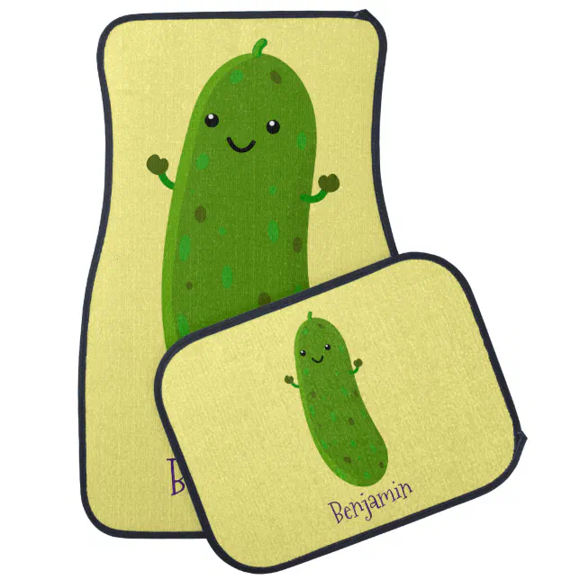 Cute happy pickle cartoon illustration car floor mat | Zazzle
