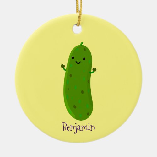 Cute happy pickle cartoon illustration ceramic ornament