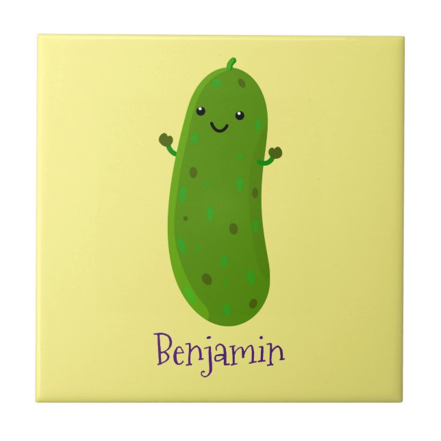 Cute happy pickle cartoon illustration ceramic tile (Front)