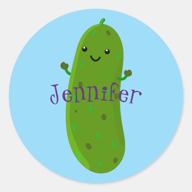 Cute happy pickle cartoon illustration classic round sticker (Front)