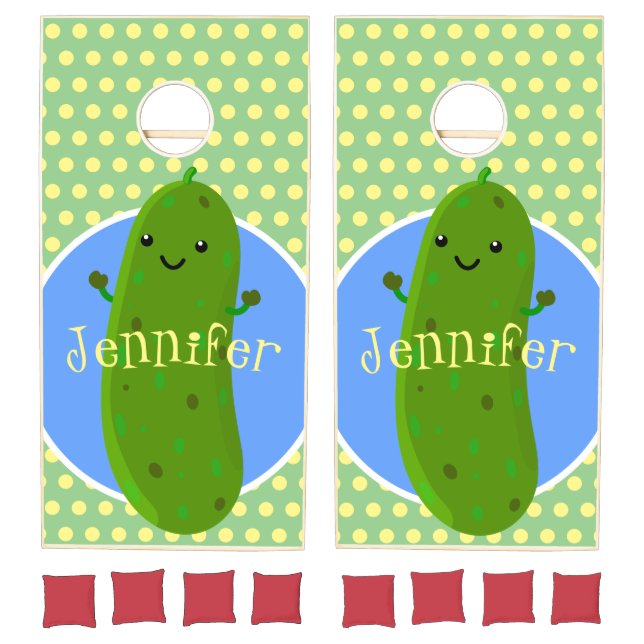 Cute happy pickle cartoon illustration cornhole set (Set)