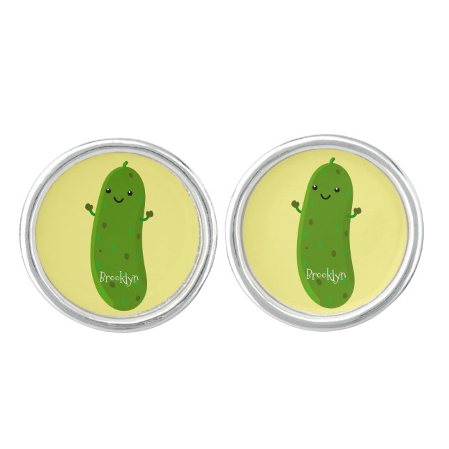 Cute happy pickle cartoon illustration cufflinks (Front)