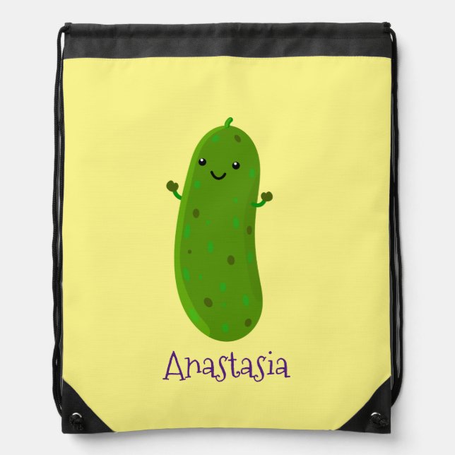 Cute happy pickle cartoon illustration drawstring bag (Front)