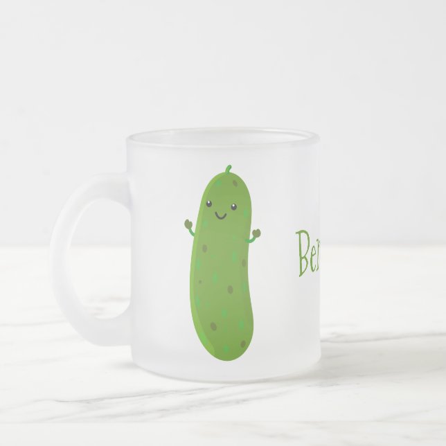 Cute happy pickle cartoon illustration frosted glass coffee mug (Left)