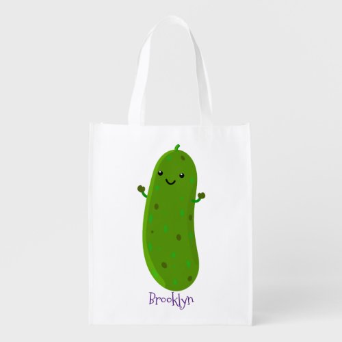Cute happy pickle cartoon illustration grocery bag