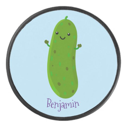 Cute happy pickle cartoon illustration hockey puck