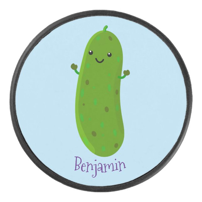 Cute happy pickle cartoon illustration hockey puck (Front)