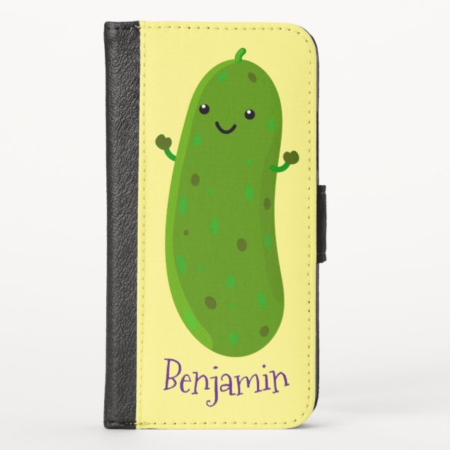 Cute happy pickle cartoon illustration iPhone wallet case (Front)
