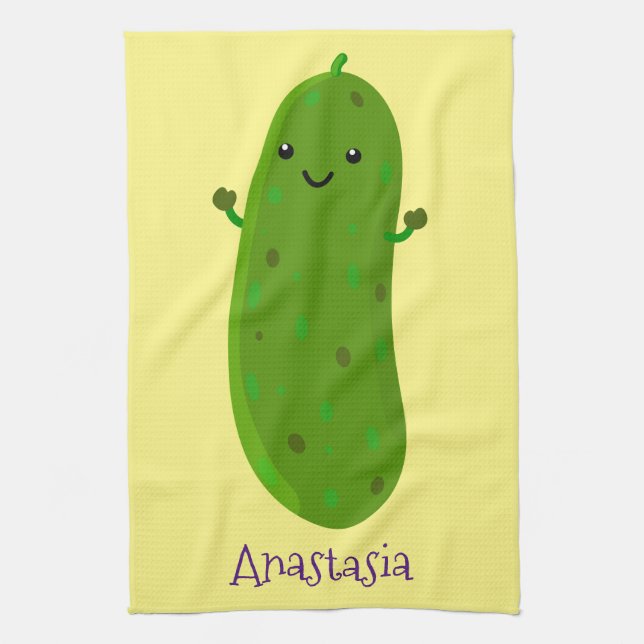 Cute happy pickle cartoon illustration kitchen towel (Vertical)