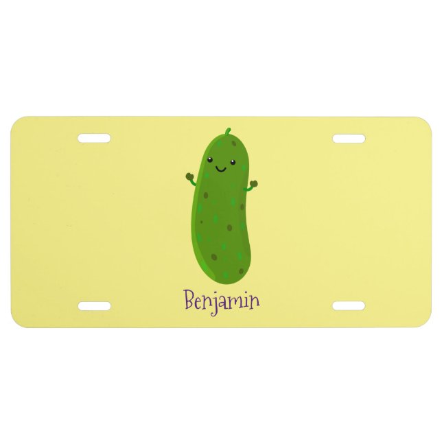 Cute happy pickle cartoon illustration license plate (Front)